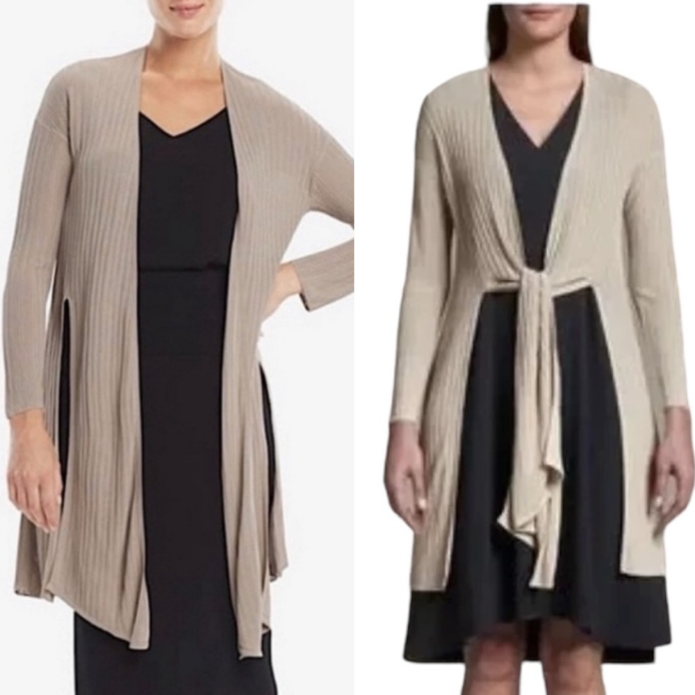MM Lafleur Graham Beige Ribbed Tie Front Draped Kimono Long Ballet Cardigan - M